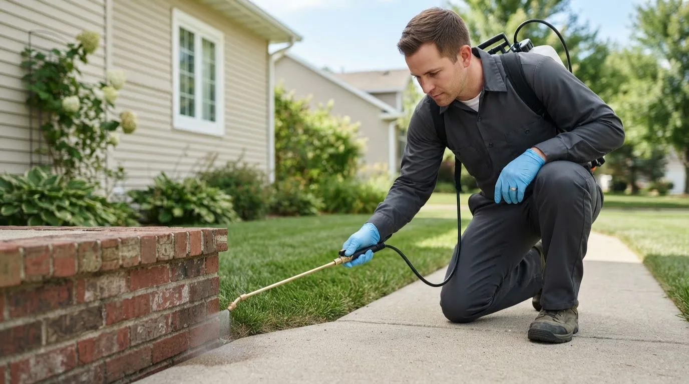Pest control technician treating a home near Oakfield, WI